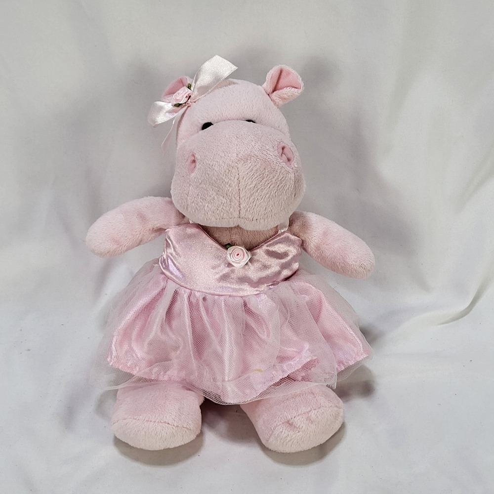 Burton + Burton Pink Hippo Ballerina Plush Stuffed Animal Pink Tutu Rose Bow 10"